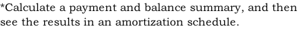 *Calculate a payment and balance summary, and then  see the results in an amortization schedule.